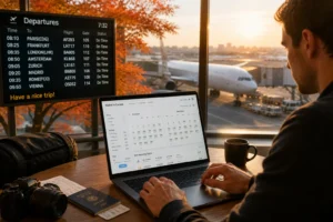 Traveler booking cheap flights to Japan on laptop with Tokyo airport departure board showing NRT and HND codes