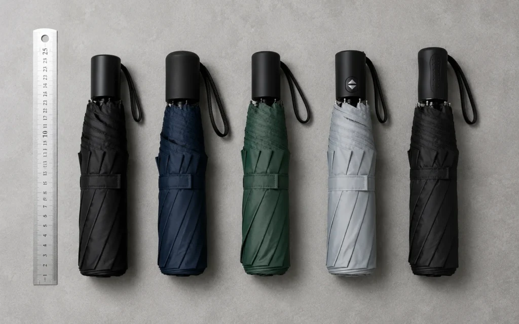 Five compact travel umbrellas laid side by side showing folded size comparison
