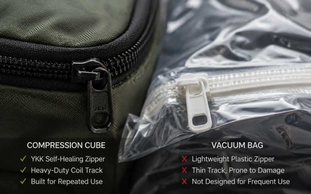 Close-up comparison of a heavy-duty compression cube zipper track and a clear plastic vacuum bag seal.
