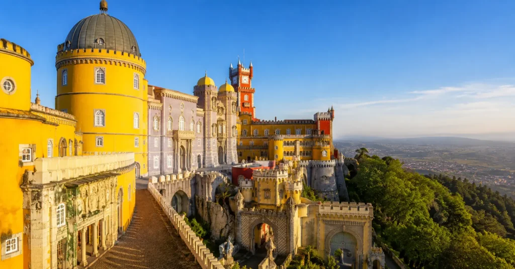 Pena Palace in Sintra viewed from terrace before crowds arrive
