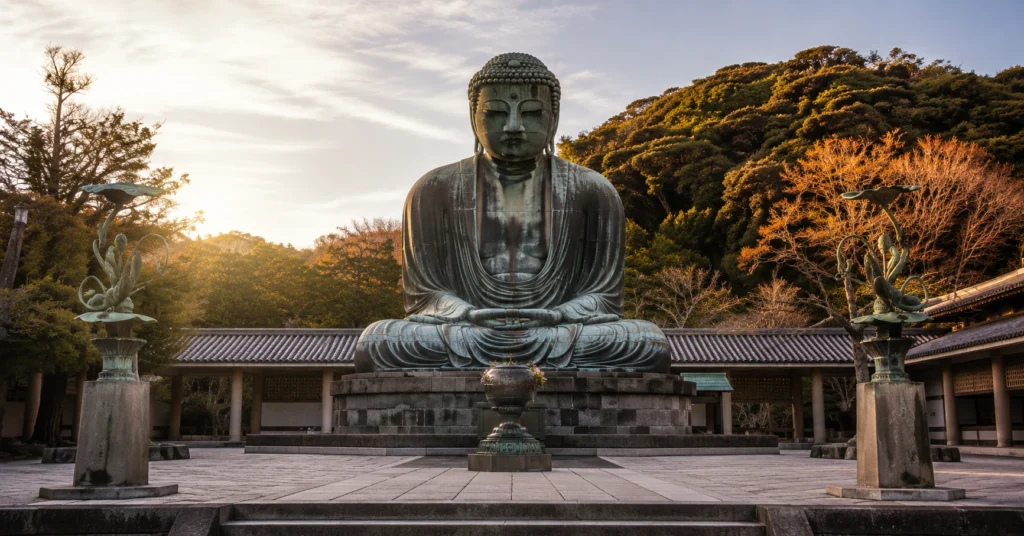 Early morning at Kamakura's Great Buddha temple, a popular day trip from Tokyo accessible in 40 minutes by train