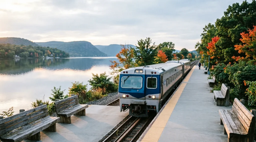 Train arriving at Cold Spring Hudson Valley morning