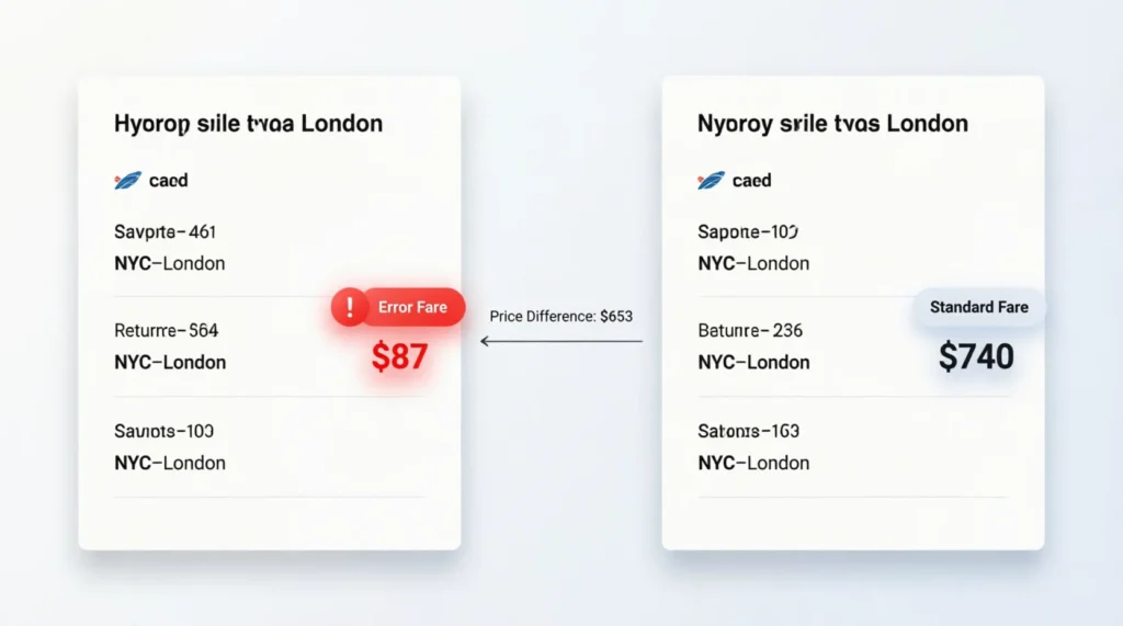 Side-by-side comparison of an error fare at $87 versus the corrected fare at $740 on two flight booking platforms