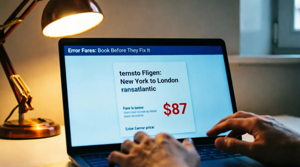 Laptop screen showing a flight booking confirmation for a transatlantic error fare priced at $87