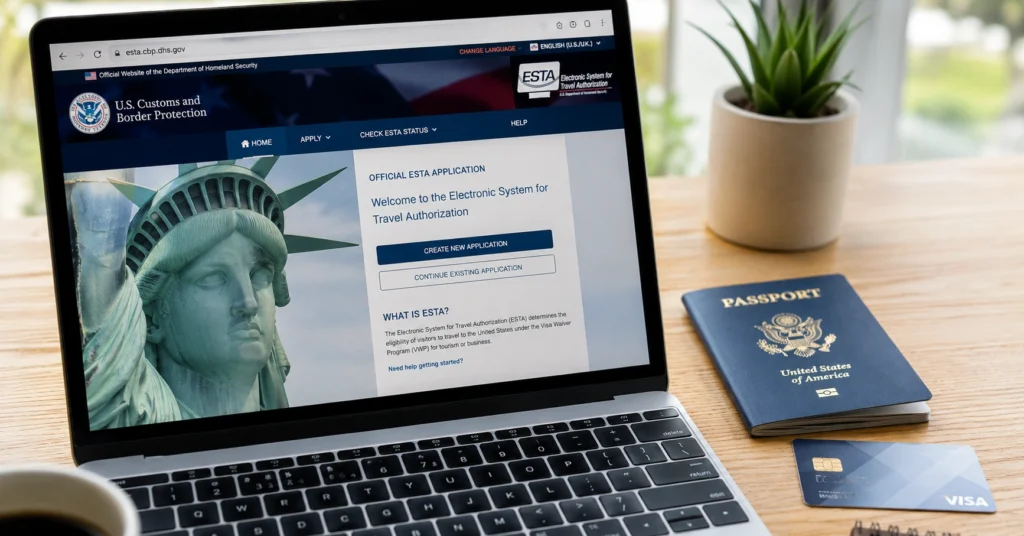 Official ESTA application portal on laptop screen with passport and card ready for direct application