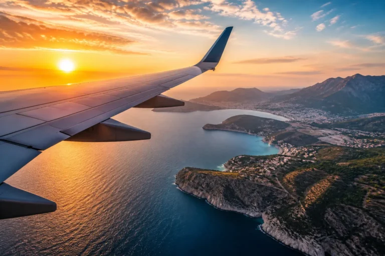 Plane flying into Europe at sunset