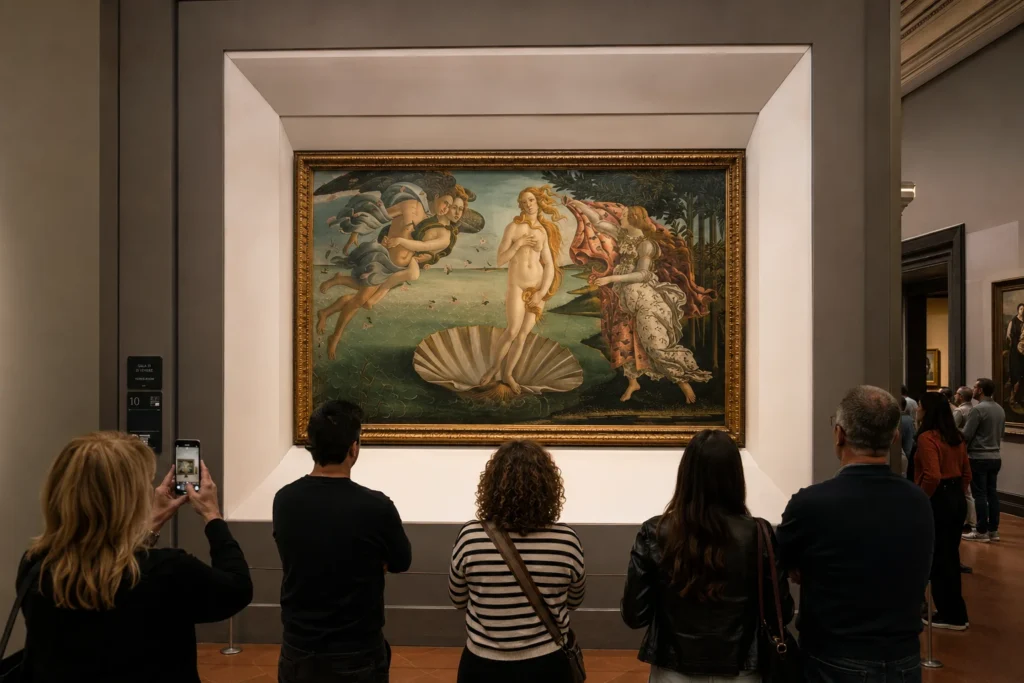 Visitors viewing Botticelli's Birth of Venus in Uffizi Gallery Florence