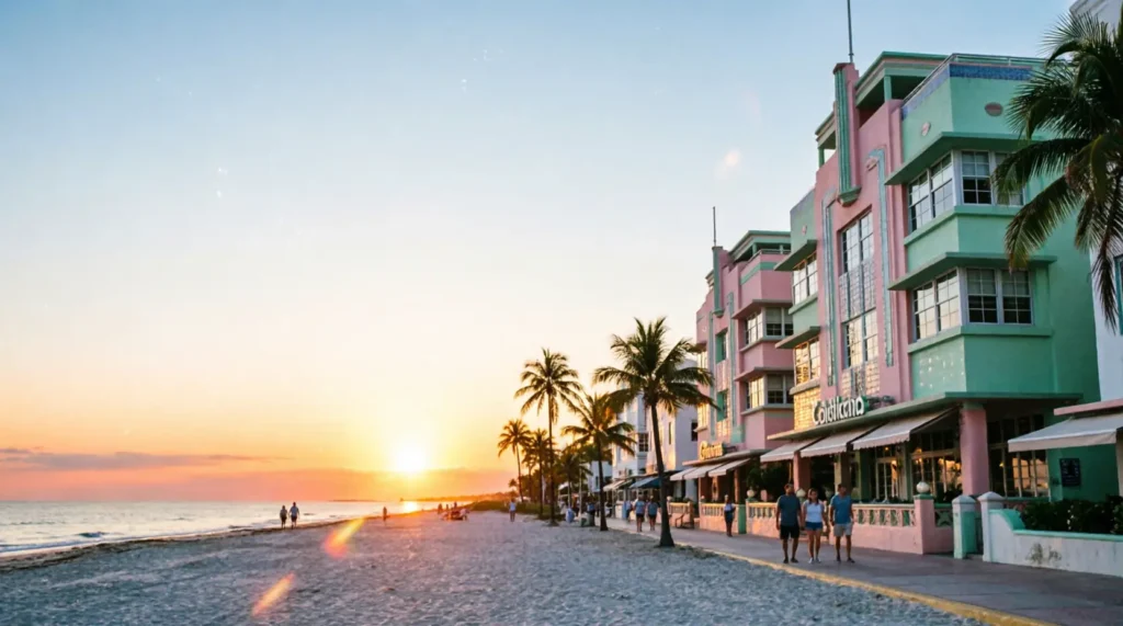 South Beach Miami at sunset in April showing Art Deco hotels and beach