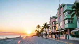 South Beach Miami at sunset in April showing Art Deco hotels and beach