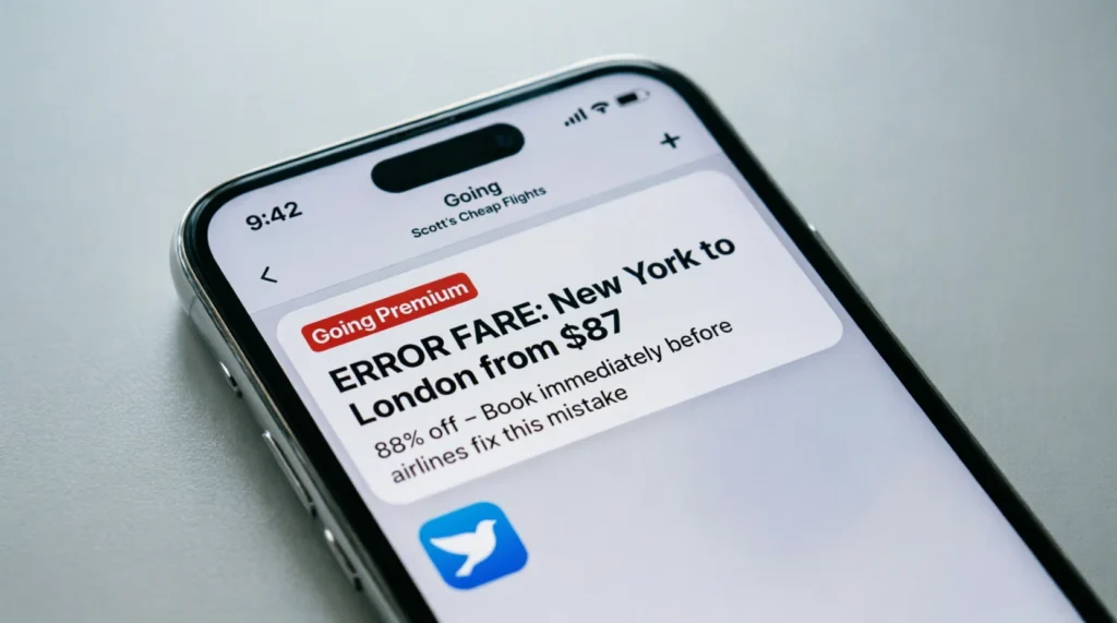 Mobile phone screen showing a Going app alert for a flight error fare deal