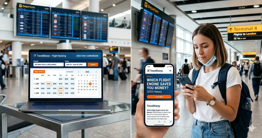 Comparison of best flight search engines on a laptop screen.