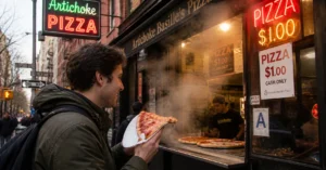 First-timer $1 pizza slice NYC West Village 8am May.