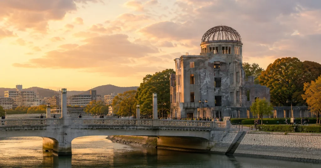 Hiroshima Peace Memorial Dome from Peace Park with Aioi Bridge, golden hour