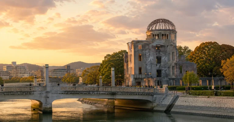 Hiroshima Peace Memorial Dome from Peace Park with Aioi Bridge, golden hour