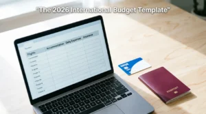 A travel budget planner setup with tech and financial tools.