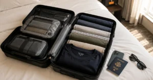 Open carry-on bag packed with bundled clothes and packing cubes on a hotel bed