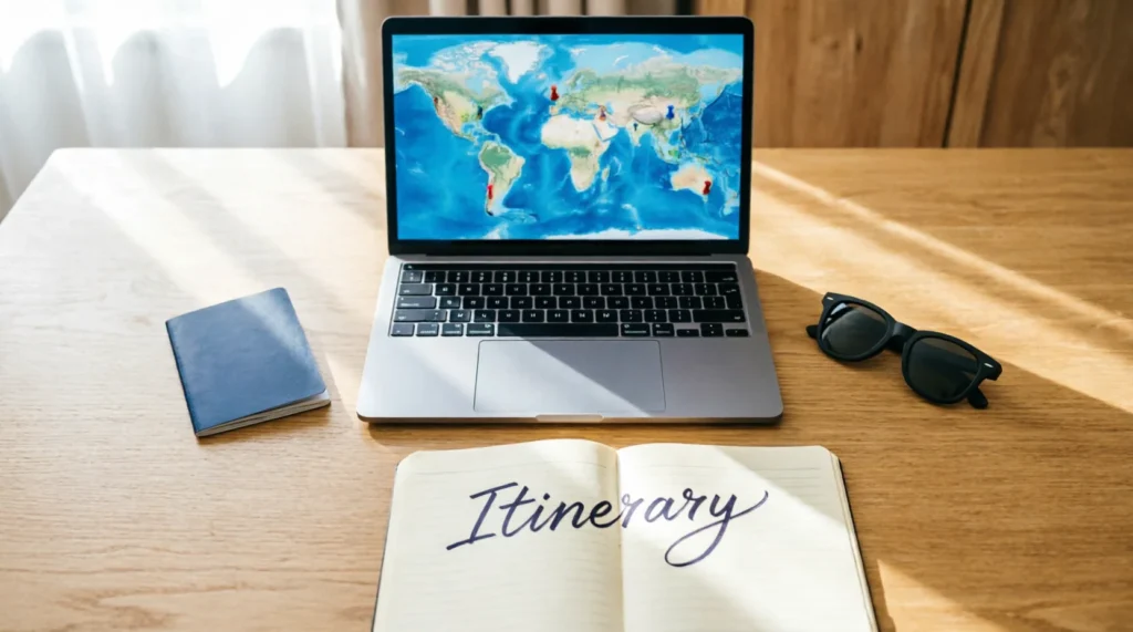 A travel planning desk setup showing a laptop, map, and passport for trip organization.