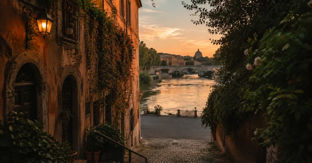 Rome street by the Tiber at sunset during a quiet evening in early autumn, Italy travel guide.