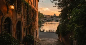 Rome street by the Tiber at sunset during a quiet evening in early autumn, Italy travel guide.