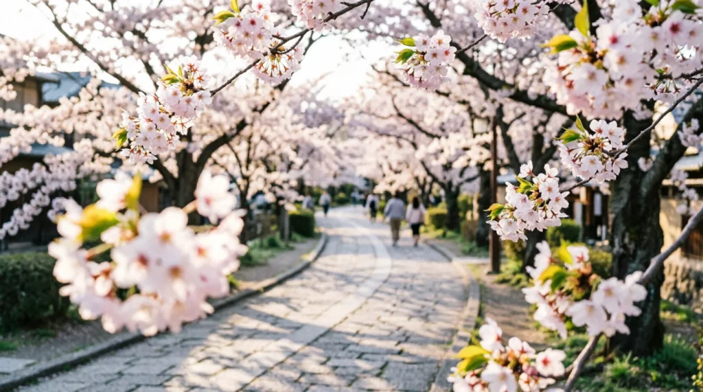 Cherry blossoms in full bloom along Philosopher's Path in Kyoto, Japan during early April morning