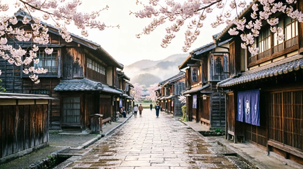Cherry blossoms framing traditional buildings in Takayama old town Japan