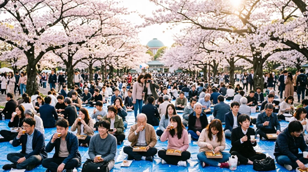 Hanami picnickers under cherry blossoms at Ueno Park Tokyo during peak bloom
