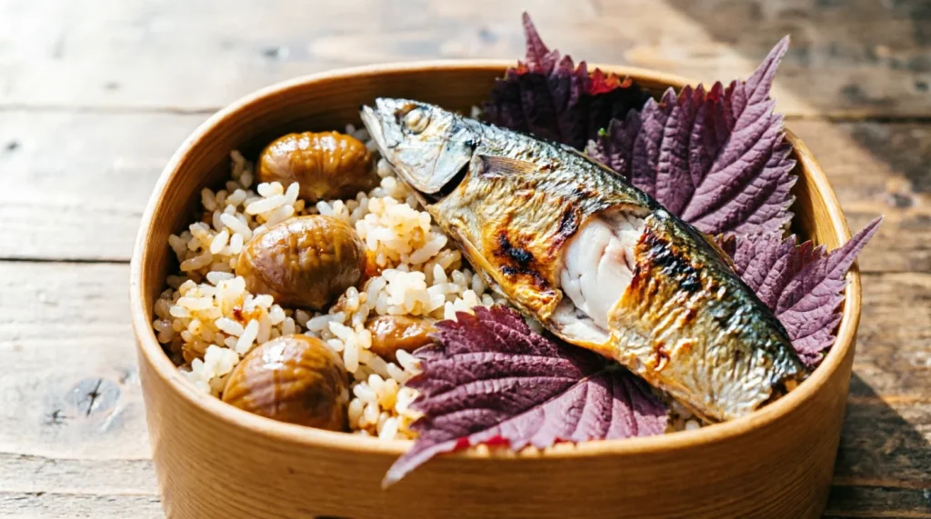 Traditional Japanese autumn bento with seasonal ingredients.
