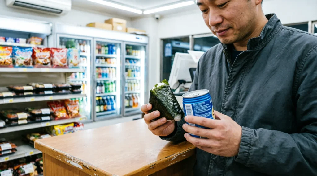 Budget traveler buying food at Tokyo convenience store at night