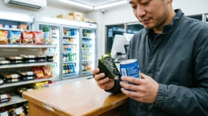 Budget traveler buying food at Tokyo convenience store at night