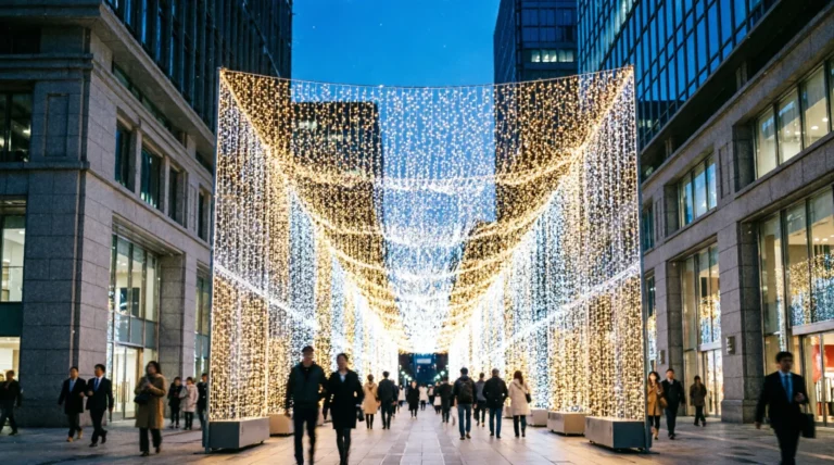 Winter illumination display in Tokyo at dusk with golden LED lights and evening sky