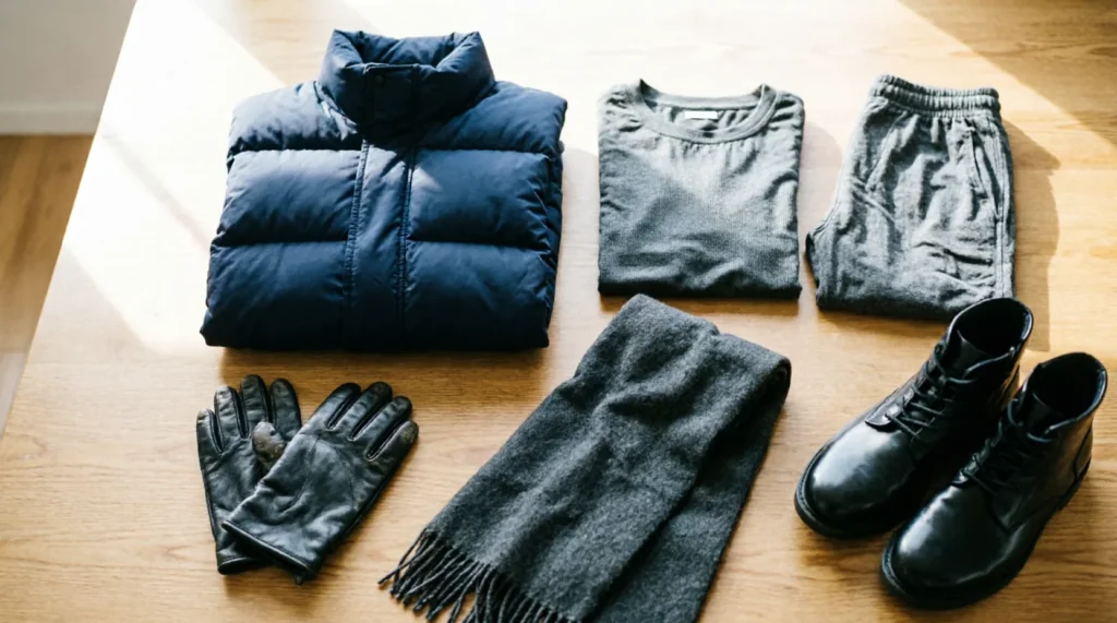 Winter packing essentials for Japan in December including coat, layers, and waterproof shoes