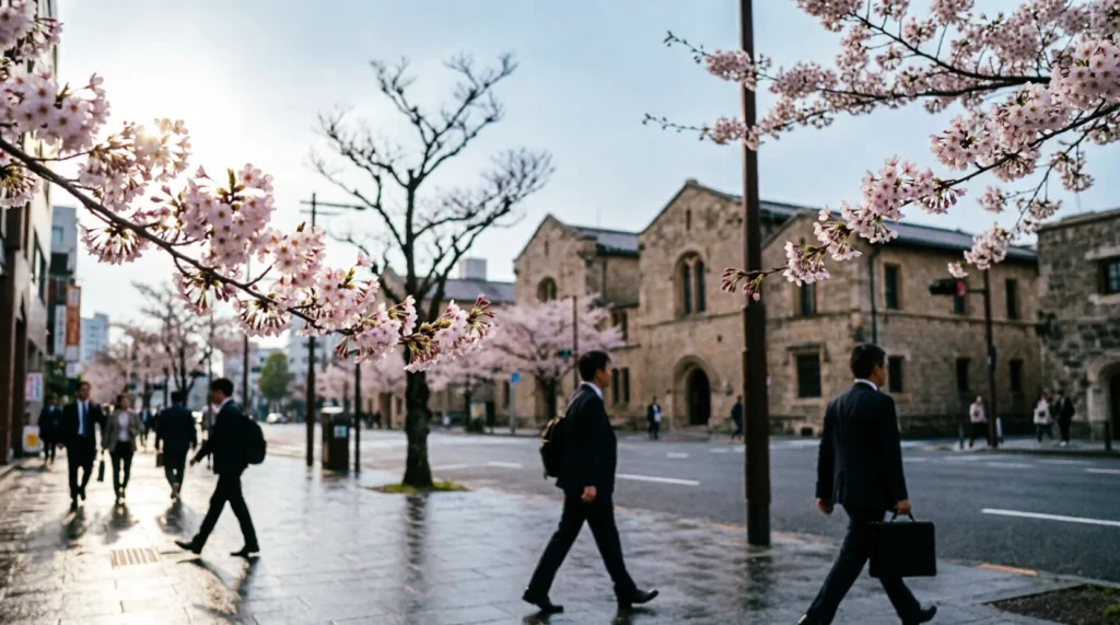 Tokyo street in early March with first cherry blossoms opening above morning commuters.