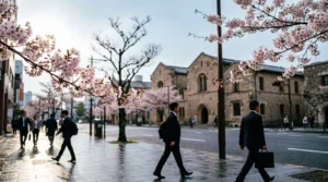 Tokyo street in early March with first cherry blossoms opening above morning commuters.
