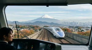 Bullet train passing Mount Fuji during a Tokyo to Kyoto journey