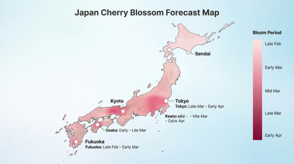 Japan cherry blossom forecast map for March travel planning.