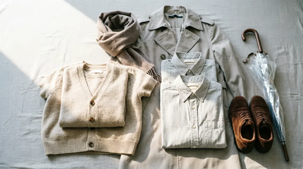 March packing essentials for a Japan trip with layered clothing and walking shoes.