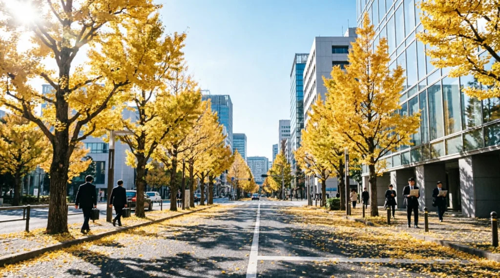 Tokyo street lined with yellow ginkgo trees in November