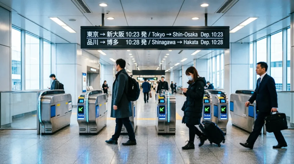 Shinkansen departure board and IC card reader at a Tokyo station
