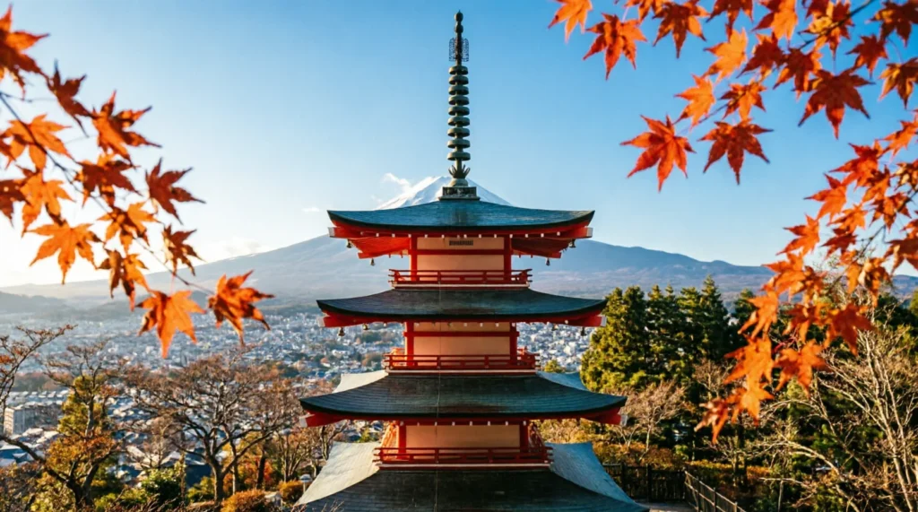 View of Mount Fuji and Chureito Pagoda framed by early autumn leaves in October.