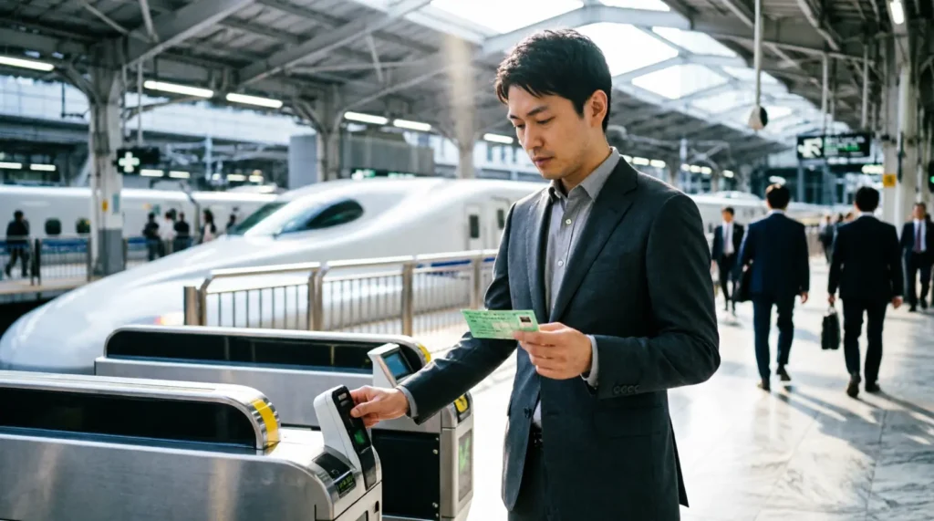 Traveler reviewing Japan Rail Pass documentation at Tokyo Station Shinkansen platform