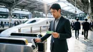 Traveler reviewing Japan Rail Pass documentation at Tokyo Station Shinkansen platform