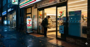Tokyo convenience store at dusk representing everyday food costs in Japan
