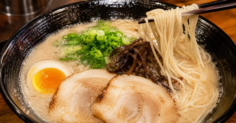 Steaming bowl of authentic tonkotsu ramen served on a wooden counter inside a local shop.