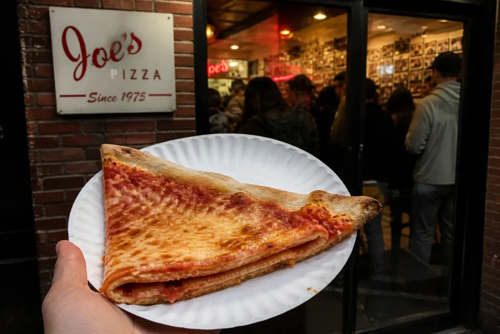 A classic New York cheese pizza slice being folded vertically.
