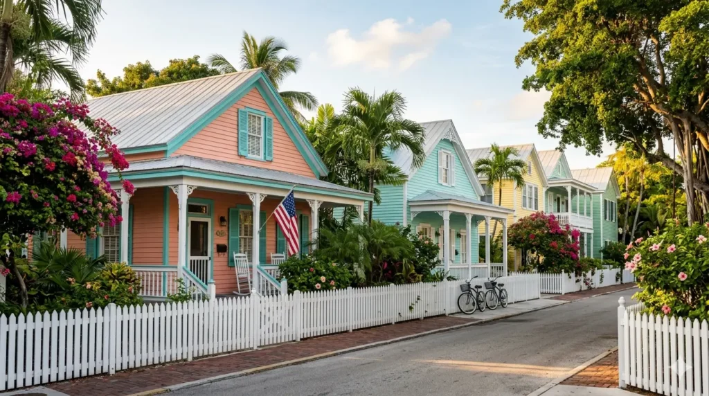 Traditional Key West architecture with white picket fences and tropical flowers at golden hour.