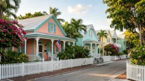 Traditional Key West architecture with white picket fences and tropical flowers at golden hour.