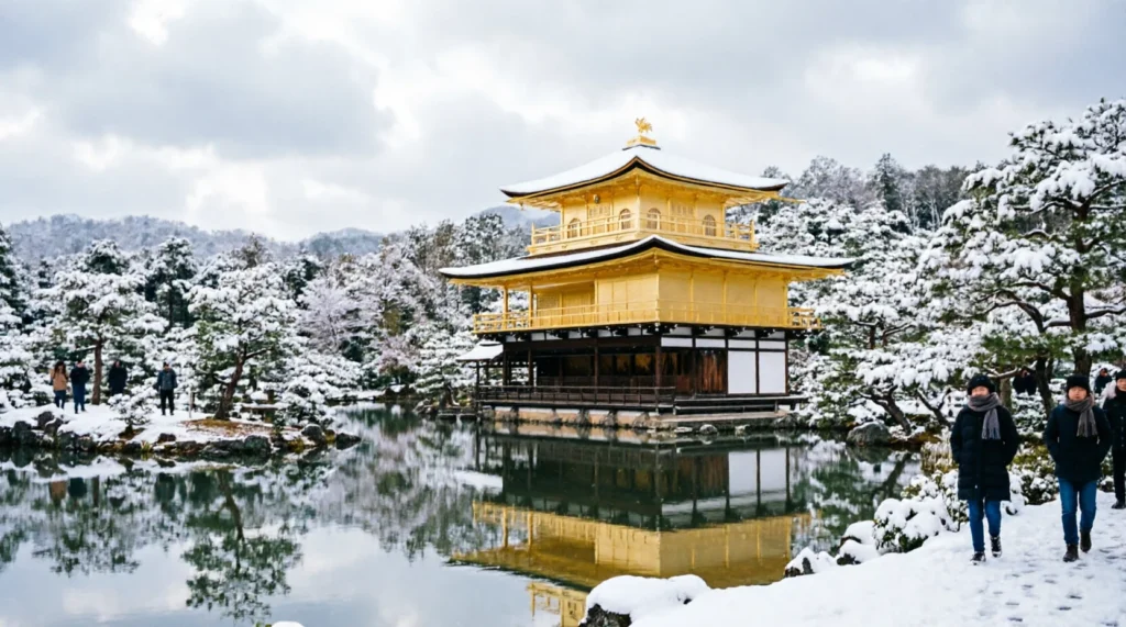 Snow-covered temple in Kyoto during December with winter visitors