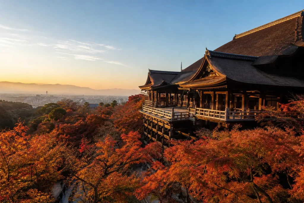 Kiyomizu-dera temple overlooking Kyoto in autumn morning light