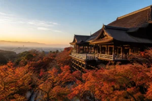Kiyomizu-dera temple overlooking Kyoto in autumn morning light