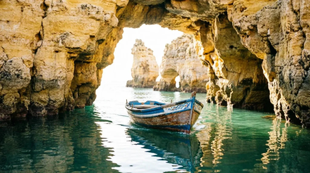 A wide view of the golden cliffs and turquoise water at Praia do Camilo in Lagos, Portugal.
